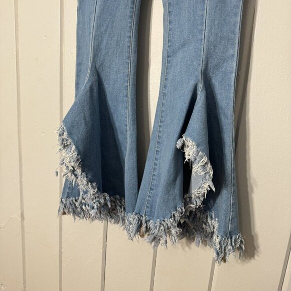 Peach Love California Denim Wide Raw Edge Bell Bottoms Flare Shredded Hem Boho S - Picture 4 of 15